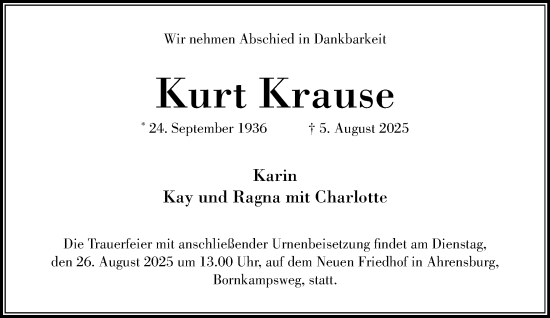 Traueranzeige von Kurt Krause von MARKT Ahrensburg/Bargteheide/Trittau und Stormarner Tageblatt