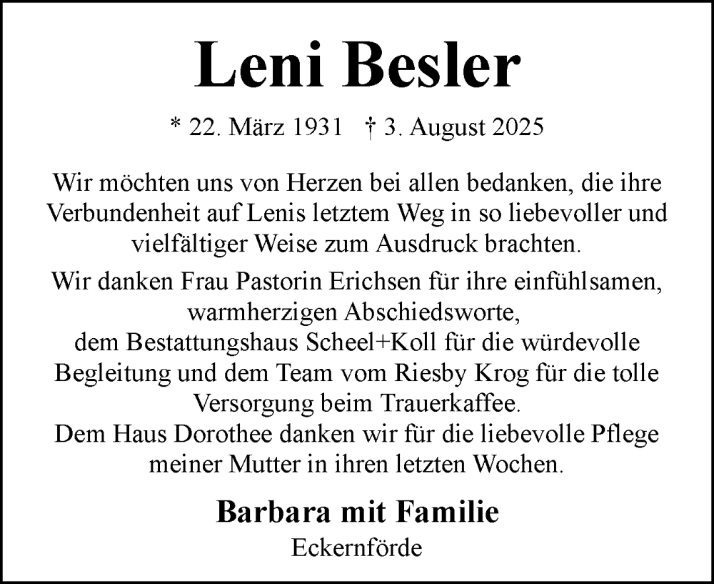  Traueranzeige für Leni Besler vom 23.08.2025 aus Eckernförder Zeitung, Hallo Eckernförde