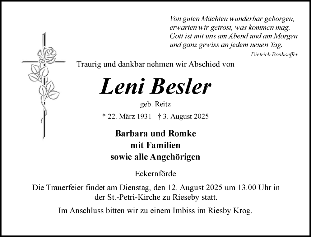  Traueranzeige für Leni Besler vom 09.08.2025 aus Eckernförder Zeitung, Hallo Eckernförde