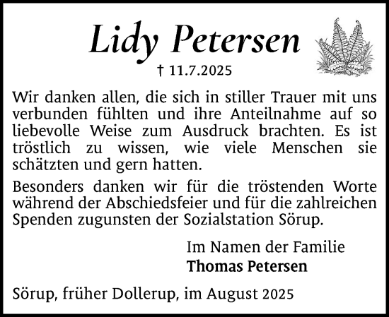 Traueranzeige von Lidy Petersen von Flensburger Tageblatt