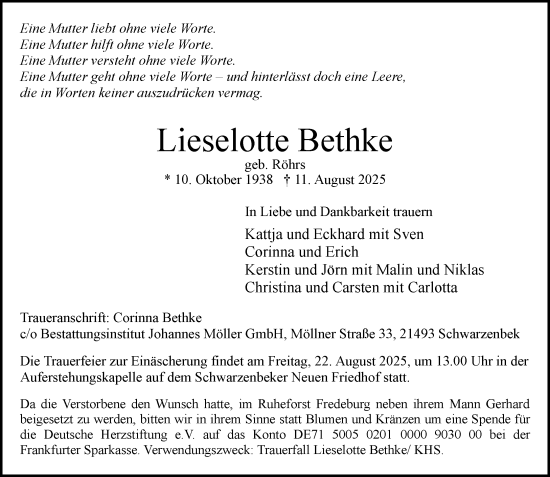 Traueranzeige von Lieselotte Bethke von Wochenend Anzeiger