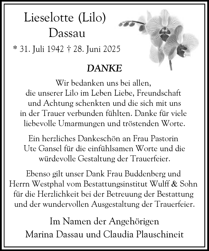  Traueranzeige für Lieselotte Dassau vom 02.08.2025 aus Heimatspiegel