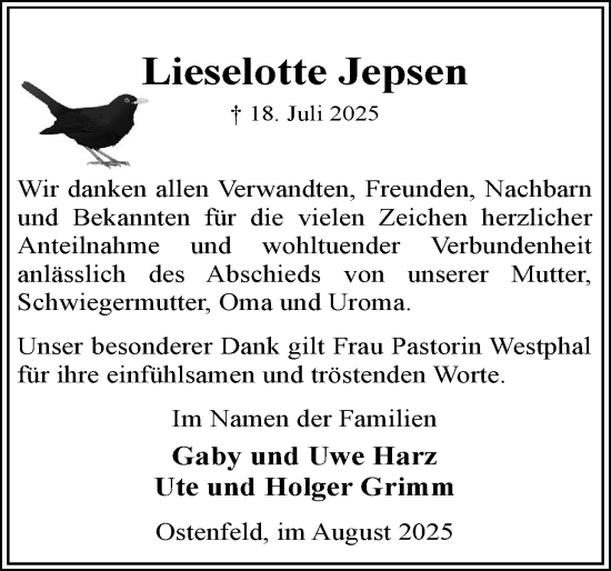 Traueranzeige von Lieselotte Jepsen von Schleswig-Holsteinische Landeszeitung