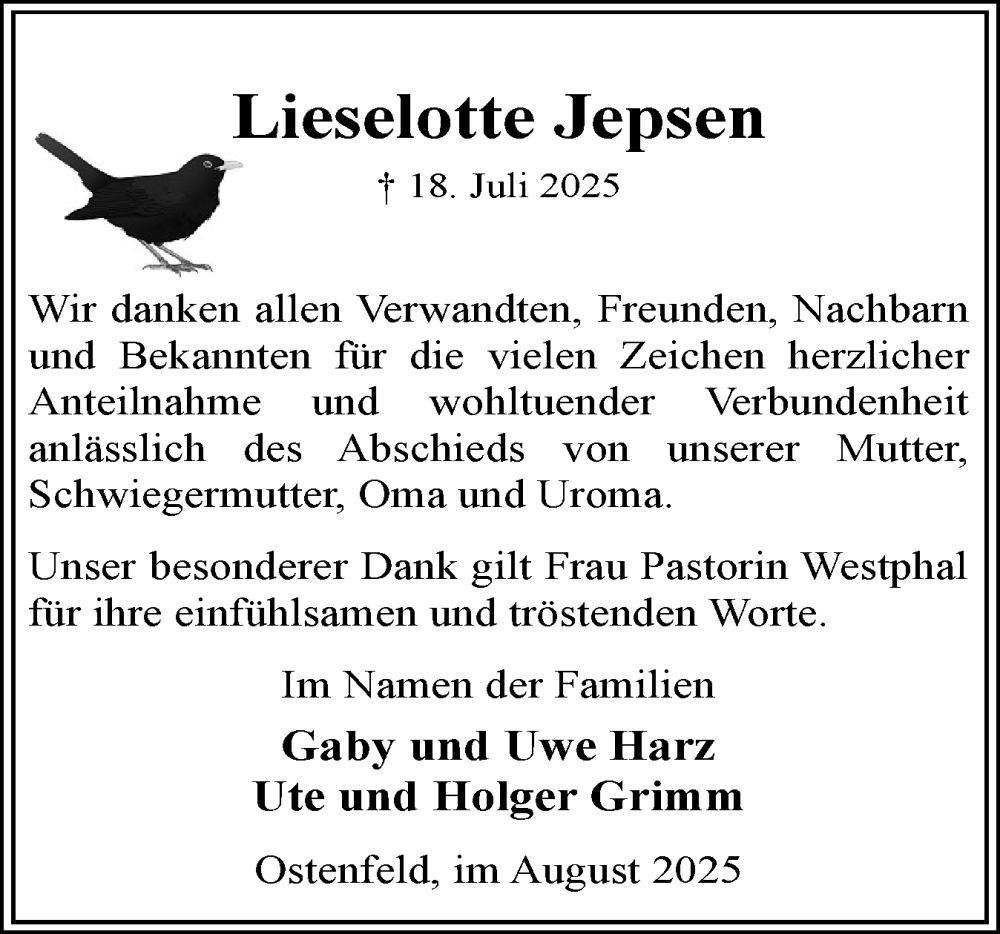  Traueranzeige für Lieselotte Jepsen vom 02.08.2025 aus Schleswig-Holsteinische Landeszeitung