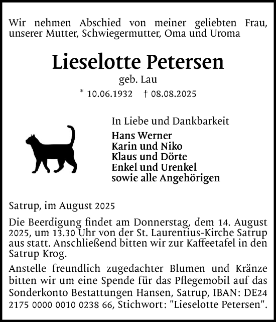 Traueranzeige von Lieselotte Petersen von Flensburger Tageblatt