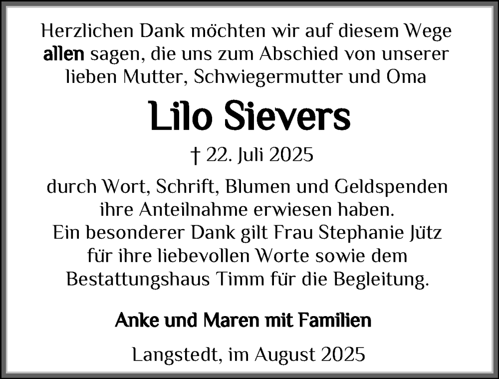  Traueranzeige für Lilo Sievers vom 23.08.2025 aus Flensburger Tageblatt