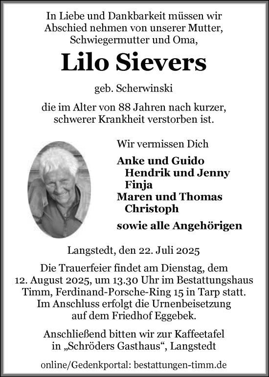 Traueranzeige von Lilo Sievers von Flensburger Tageblatt