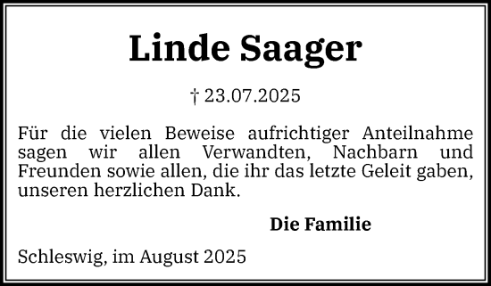 Traueranzeige von Linde Saager von Schleswiger Nachrichten, Schlei-Bote