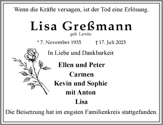 Traueranzeige von Lisa Greßmann von MARKT Ratzeburg/Mölln