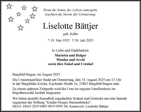 Traueranzeige von Liselotte Bättjer von MARKT Ahrensburg/Bargteheide/Trittau und Stormarner Tageblatt