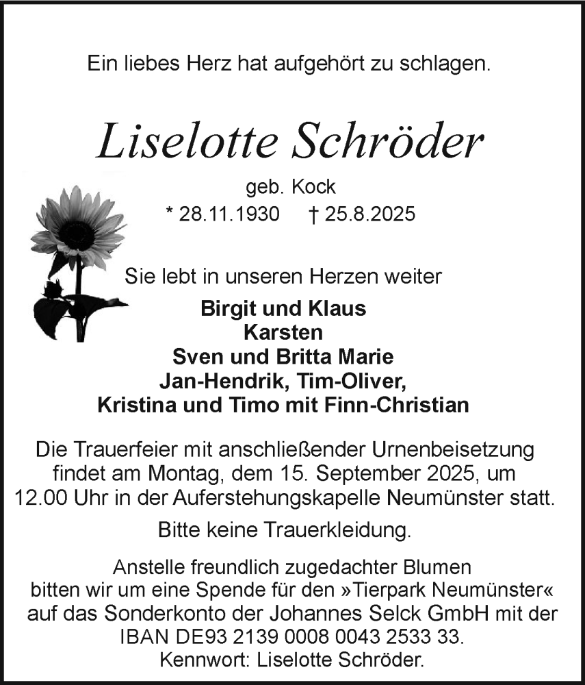  Traueranzeige für Liselotte Schröder vom 30.08.2025 aus Holsteinischer Courier