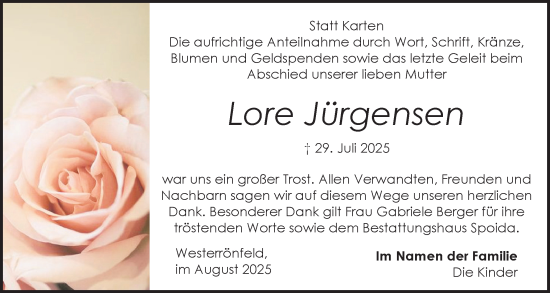 Traueranzeige von Lore Jürgensen von Schleswig-Holsteinische Landeszeitung
