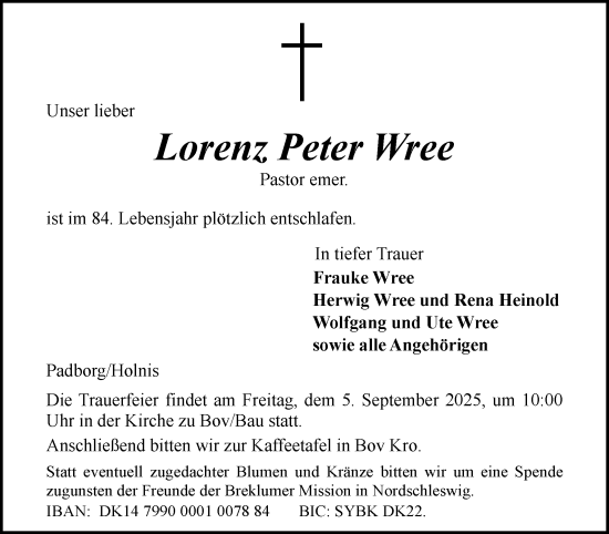 Traueranzeige von Lorenz Peter Wree von Flensburger Tageblatt