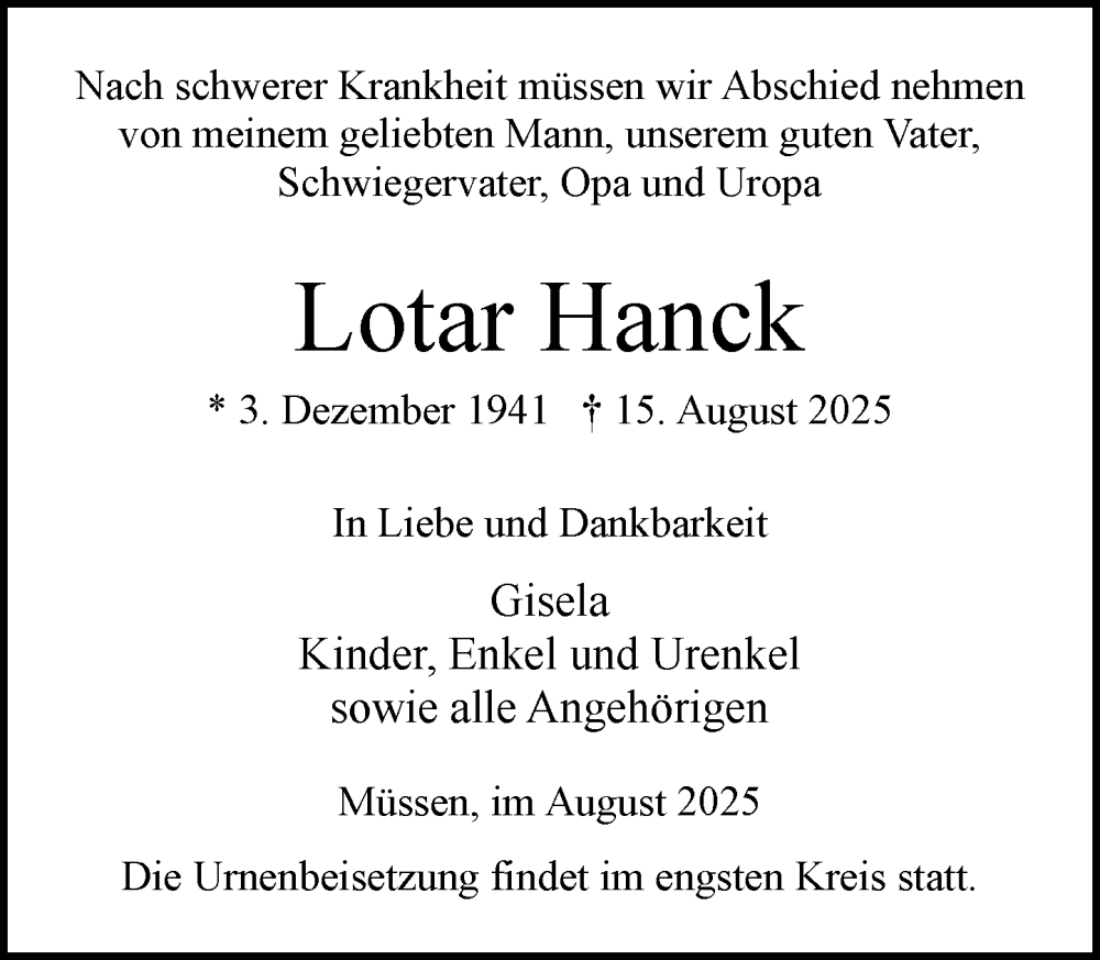  Traueranzeige für Lotar Hanck vom 23.08.2025 aus Wochenend Anzeiger