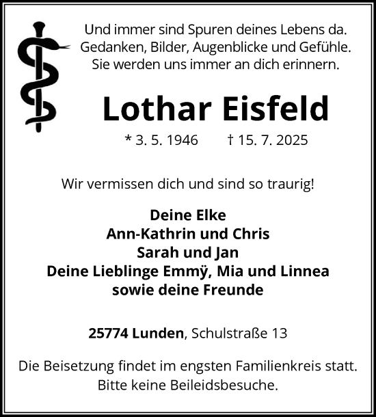 Traueranzeige von Lothar Eisfeld von Husumer Nachrichten, Nordfriesland Tageblatt