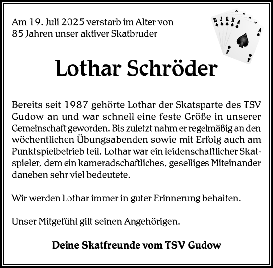 Traueranzeige von Lothar Schröder von MARKT Ratzeburg/Mölln