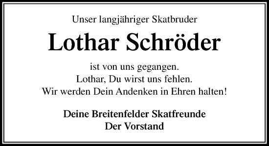 Traueranzeige von Lothar Schröder von MARKT Ratzeburg/Mölln