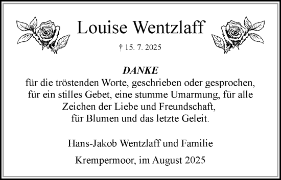 Traueranzeige von Louise Wentzlaff von Norddeutsche Rundschau, Wilstersche Zeitung, Glückstädter Fortuna