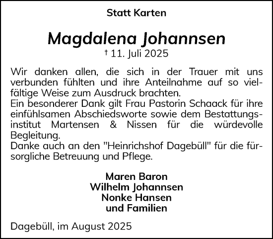 Traueranzeige von Magdalena Johannsen von Husumer Nachrichten, Nordfriesland Tageblatt