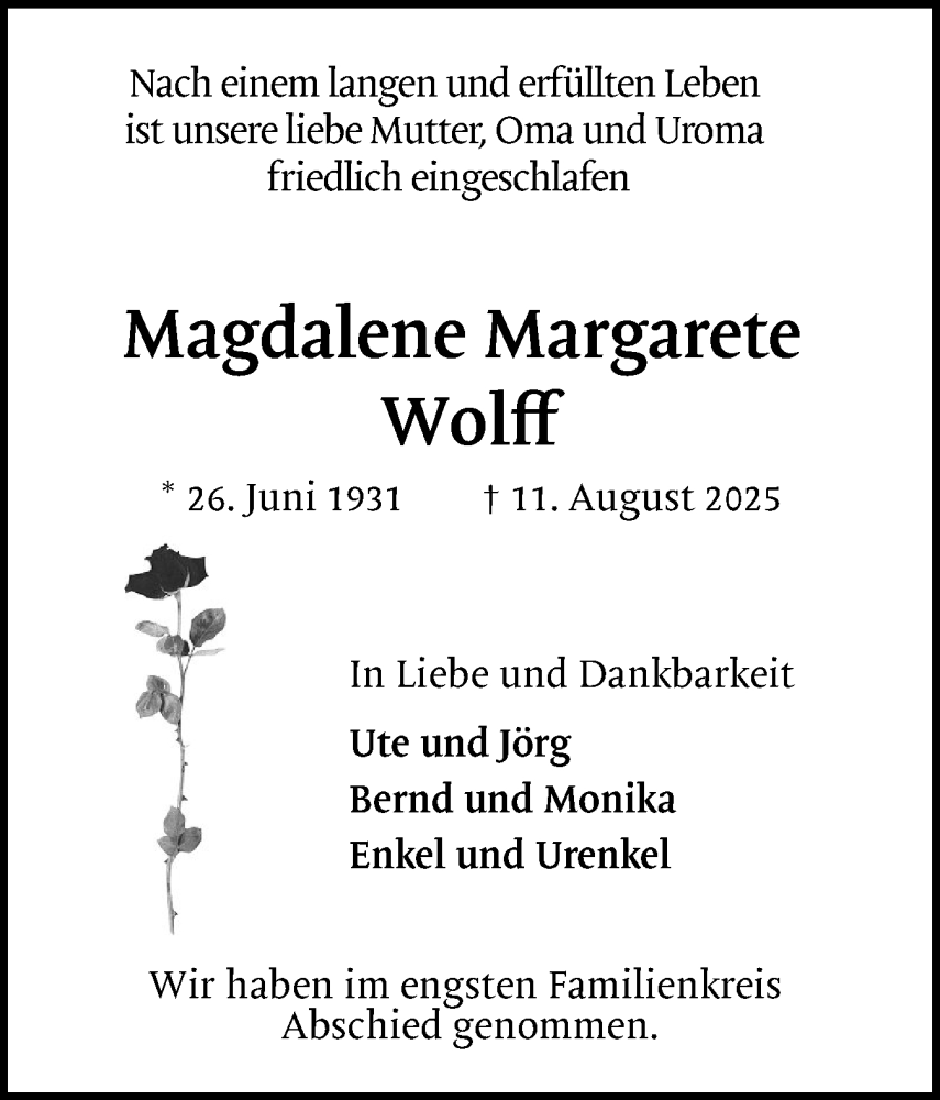  Traueranzeige für Magdalene Margarete Wolff vom 30.08.2025 aus Region Pinneberg und tip Pinneberg