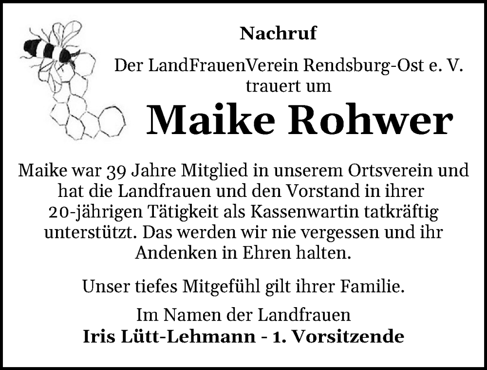  Traueranzeige für Maike Rohwer vom 30.08.2025 aus Schleswig-Holsteinische Landeszeitung