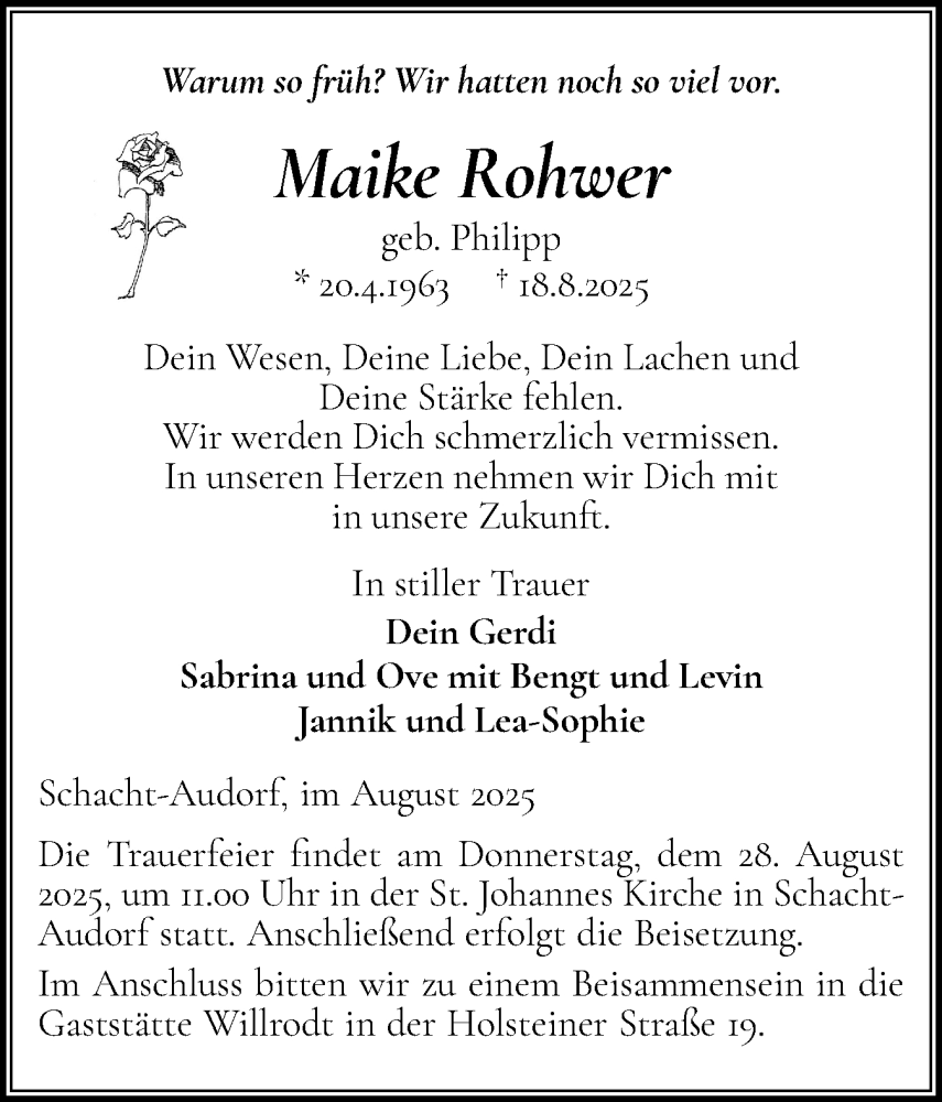  Traueranzeige für Maike Rohwer vom 23.08.2025 aus Schleswig-Holsteinische Landeszeitung
