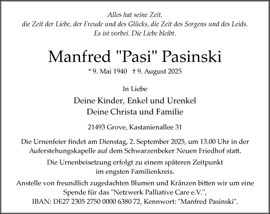 Traueranzeige von Manfred Pasinski von Wochenend Anzeiger