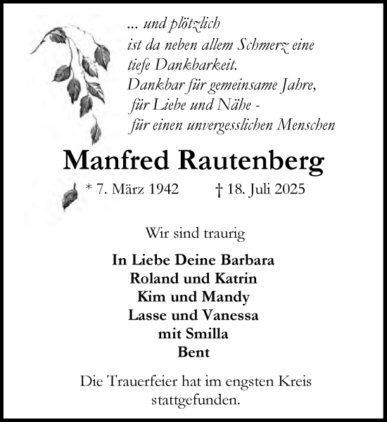 Traueranzeige von Manfred Rautenberg von MARKT Ahrensburg/Bargteheide/Trittau und Stormarner Tageblatt