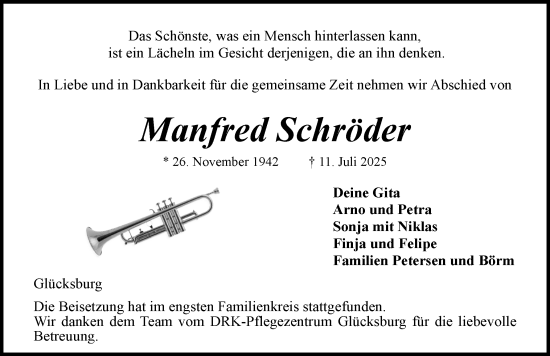 Traueranzeige von Manfred Schröder von Flensburger Tageblatt