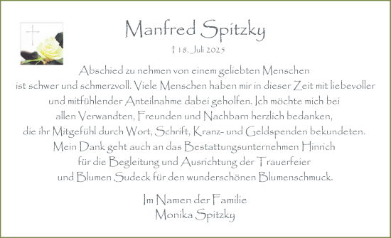 Traueranzeige von Manfred Spitzky von Der Insel-Bote