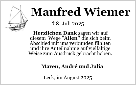 Traueranzeige von Manfred Wiemer von Husumer Nachrichten, Nordfriesland Tageblatt