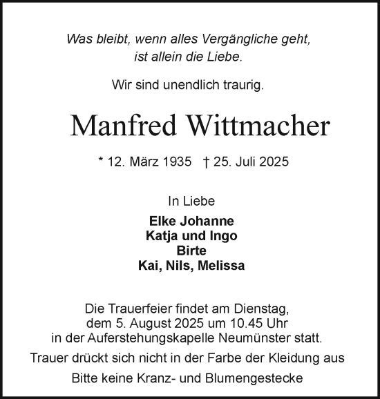 Traueranzeige von Manfred Wittmacher von Holsteinischer Courier