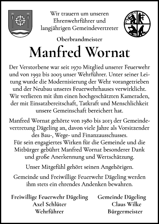 Traueranzeige von Manfred Wornat von Norddeutsche Rundschau, Wilstersche Zeitung, Glückstädter Fortuna