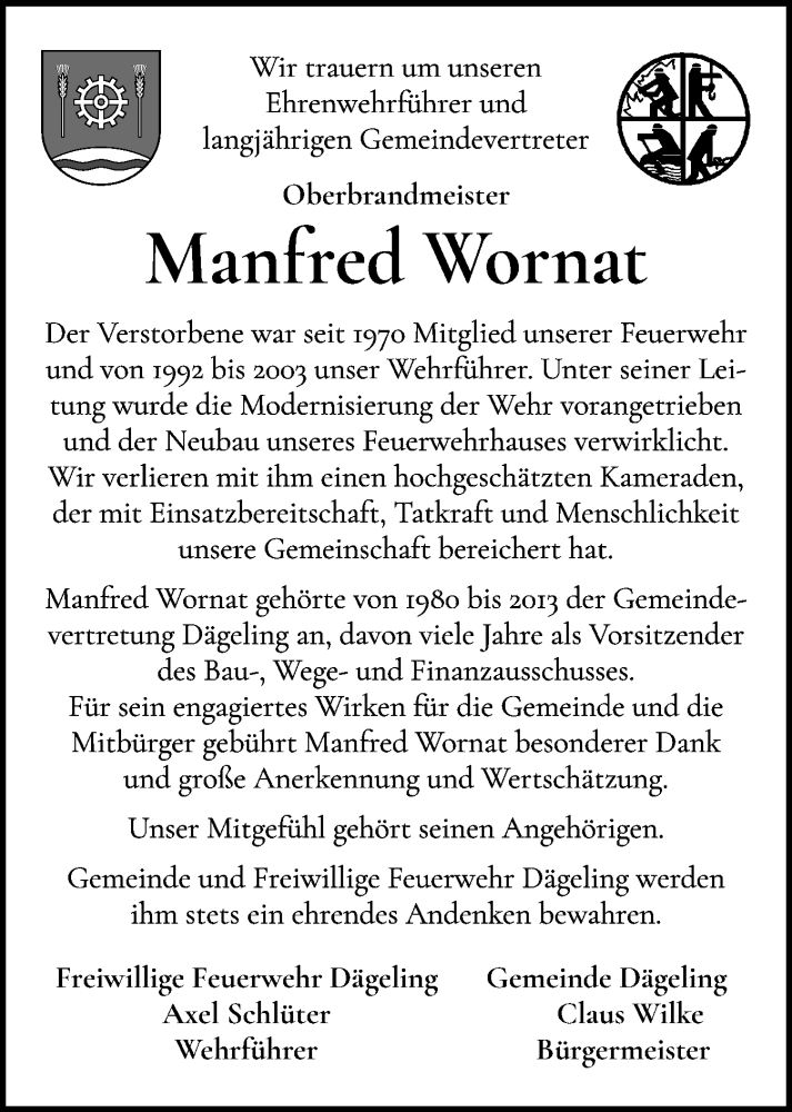  Traueranzeige für Manfred Wornat vom 27.08.2025 aus Norddeutsche Rundschau, Wilstersche Zeitung, Glückstädter Fortuna