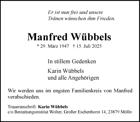 Traueranzeige von Manfred Wübbels von MARKT Ratzeburg/Mölln