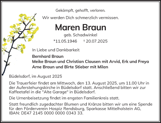 Traueranzeige von Maren Braun von Schleswig-Holsteinische Landeszeitung