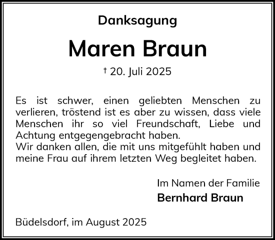 Traueranzeige von Maren Braun von Schleswig-Holsteinische Landeszeitung