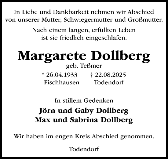 Traueranzeige von Margarete Dollberg von MARKT Ahrensburg/Bargteheide/Trittau und Stormarner Tageblatt