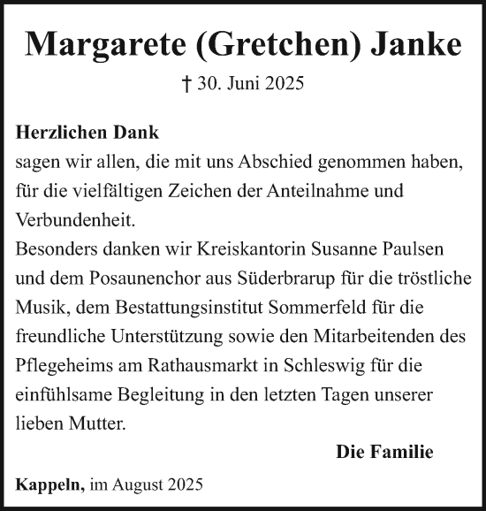 Traueranzeige von Margarete Janke von Schleswiger Nachrichten, Schlei-Bote
