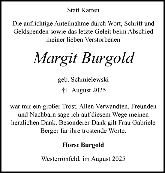 Traueranzeige von Margit Burgold von Schleswig-Holsteinische Landeszeitung