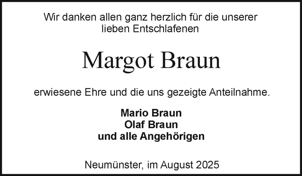  Traueranzeige für Margot Braun vom 09.08.2025 aus Holsteinischer Courier