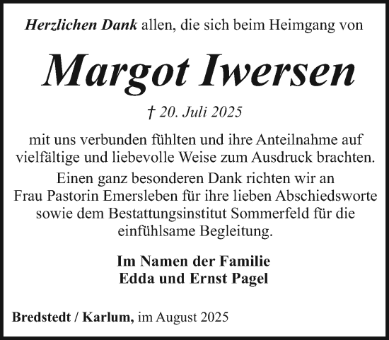 Traueranzeige von Margot Iwersen von Husumer Nachrichten, Nordfriesland Tageblatt