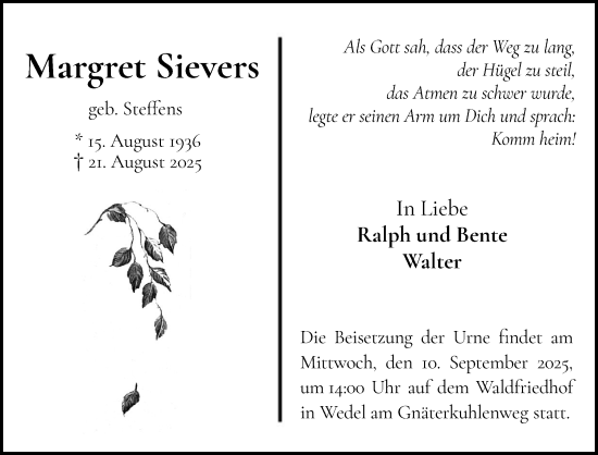 Traueranzeige von Margret Sievers von Wedel-Schulauer Tageblatt, tip Wedel-Schulauer Tageblatt, tip Rissener Rundschau