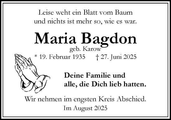 Traueranzeige von Maria Bagdon von Norddeutsche Rundschau, Wilstersche Zeitung, Glückstädter Fortuna