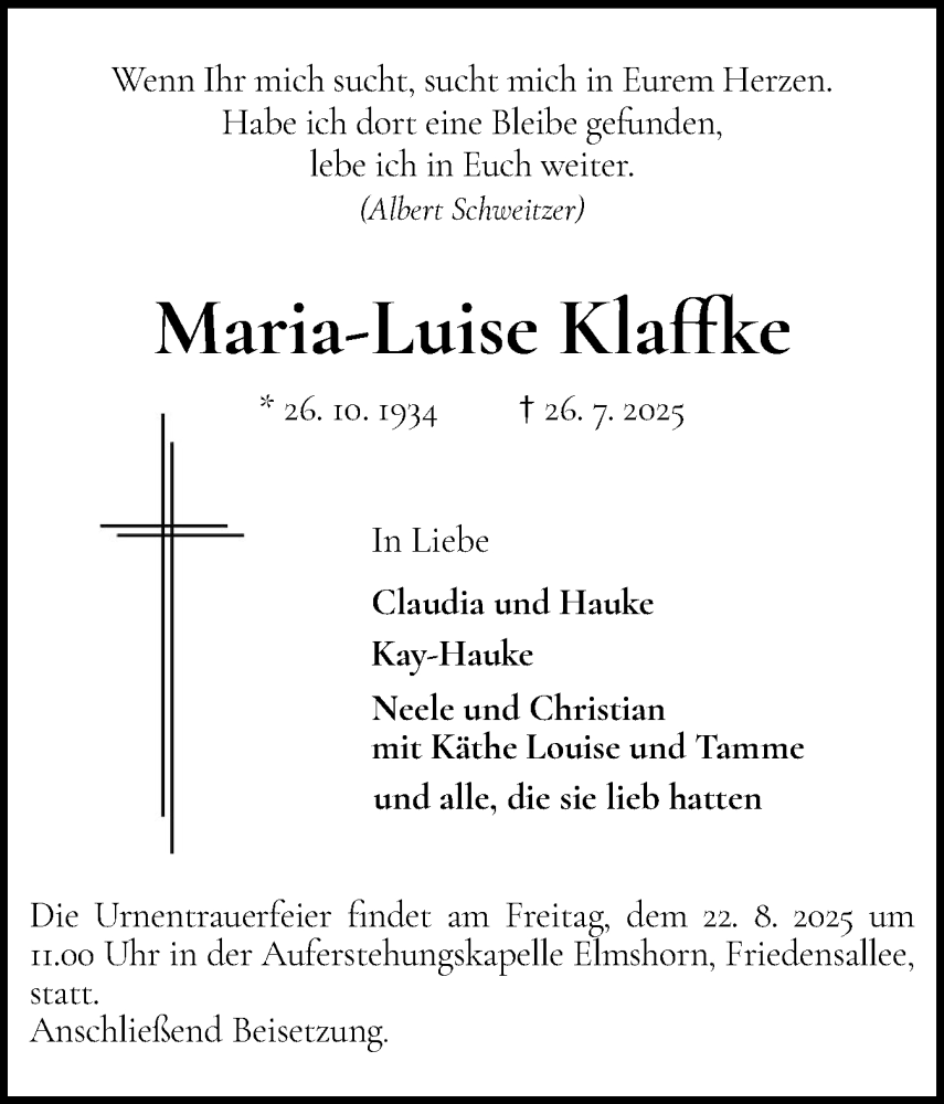 Traueranzeige für Maria-Luise Klaffke vom 16.08.2025 aus Elmshorner Nachrichten, Barmstedter Zeitung