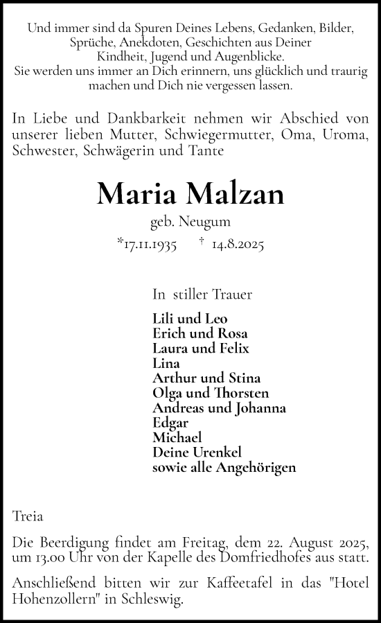 Traueranzeige von Maria Malzan von Schleswiger Nachrichten, Schlei-Bote