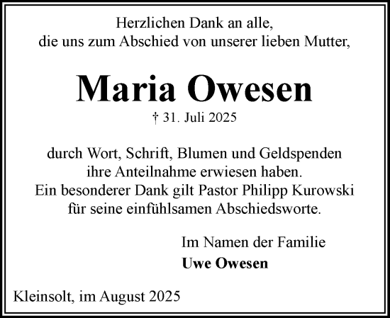 Traueranzeige von Maria Owesen von Flensburger Tageblatt