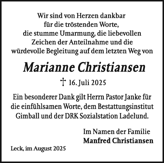 Traueranzeige von Marianne Christiansen von Husumer Nachrichten, Nordfriesland Tageblatt