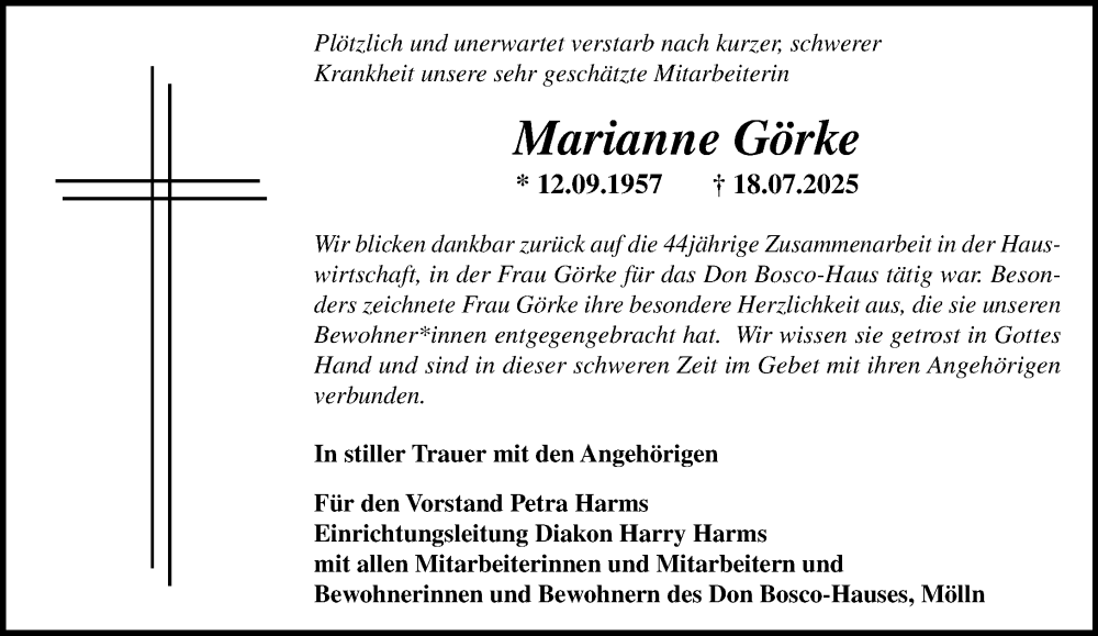  Traueranzeige für Marianne Görke vom 02.08.2025 aus MARKT Ratzeburg/Mölln