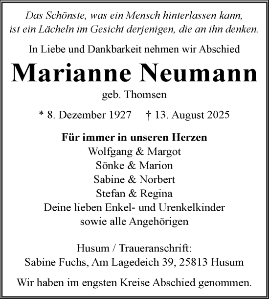 Traueranzeige von Marianne Neumann von Husumer Nachrichten, Nordfriesland Tageblatt